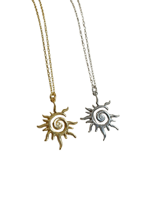 Zincirli Spiral Güneş Kolye - Gold / 925 Ayar Gümüş