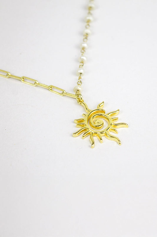 İnci Ve Zincirli Güneş Kolye / 925 Ayar Gümüş - The Leia