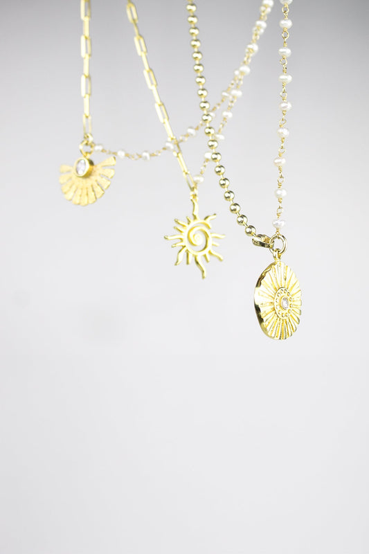 İncili Ve Zincirli Yarım Güneş Kolye / 925 Ayar Gümüş - The Leia