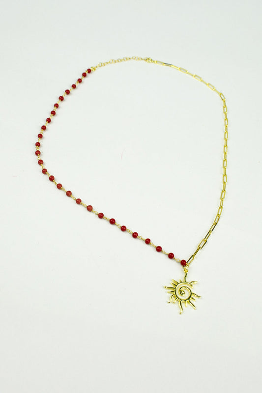 Mercan Ve Zincirli Spiral Güneş Kolye - Gold / 925 Ayar Gümüş - The Leia