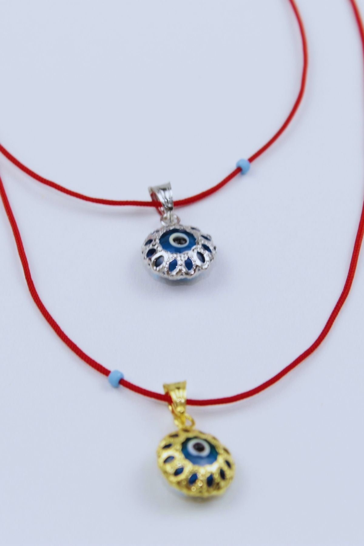 Kırmızı İpli Vintage Nazar Boncuğu Kolye / 925 Ayar Gümüş