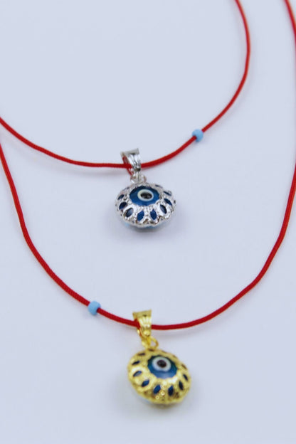 Kırmızı İpli Vintage Nazar Boncuğu Kolye / 925 Ayar Gümüş