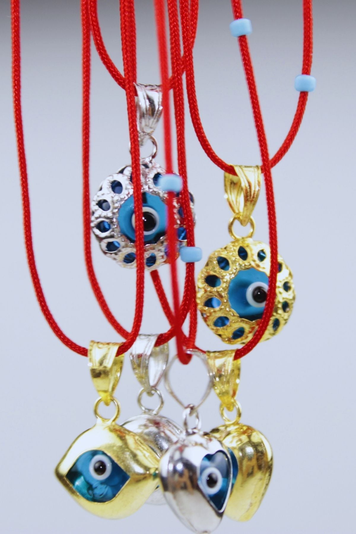 Kırmızı İpli Vintage Nazar Boncuğu Kolye / 925 Ayar Gümüş