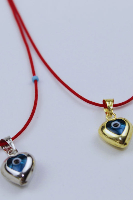 Kırmızı İpli Vintage Kalpli Nazar Boncuğu Kolye / 925 Ayar Gümüş