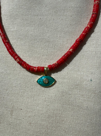 Mavi Göz Detaylı Kırmızı Varasit Kolye / 925 Ayar Gümüş