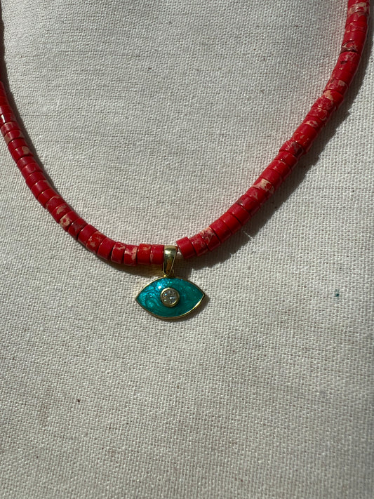 Mavi Göz Detaylı Kırmızı Varasit Kolye / 925 Ayar Gümüş