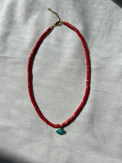 Mavi Göz Detaylı Kırmızı Varasit Kolye / 925 Ayar Gümüş